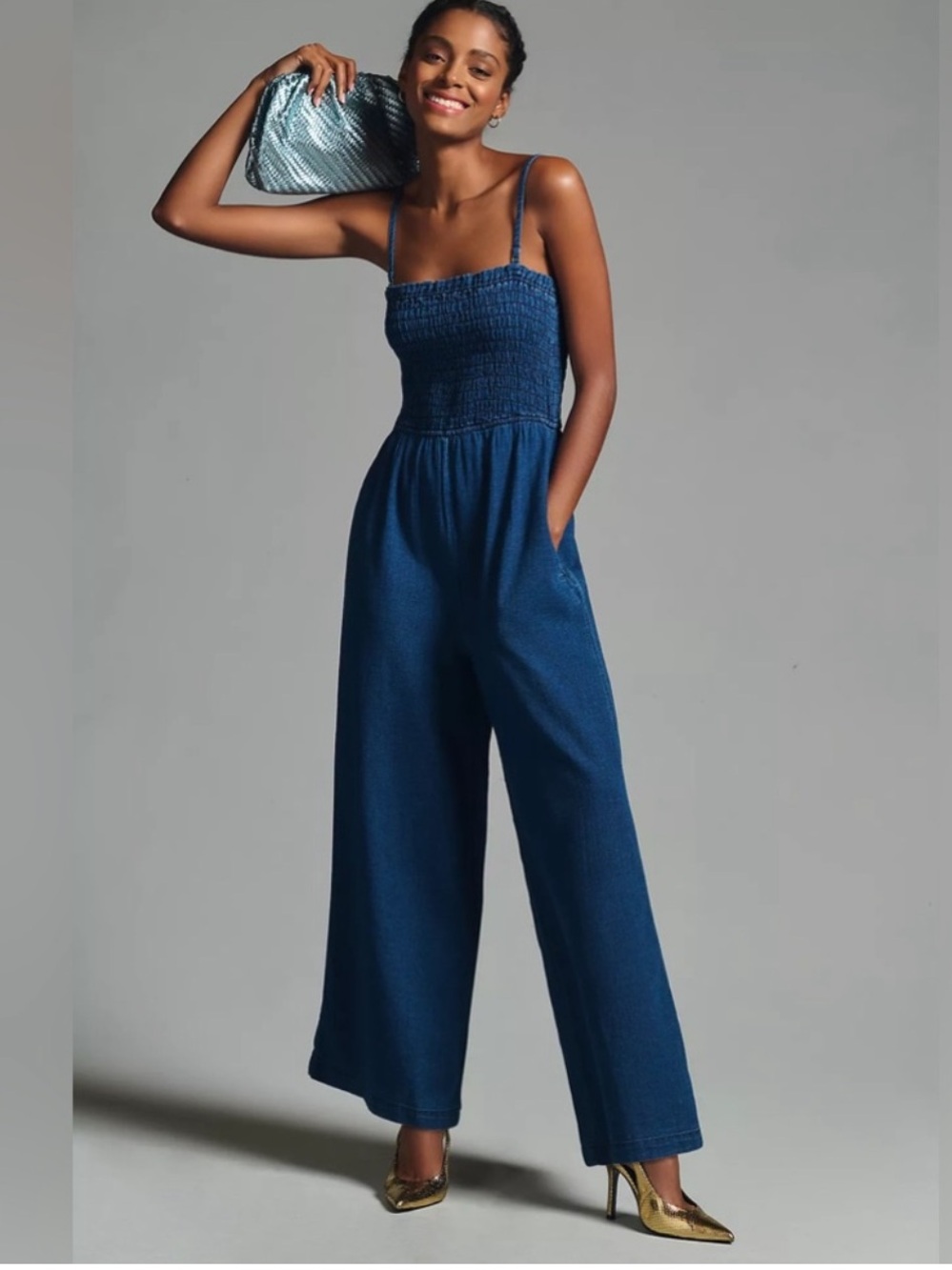 Anthropologie‎ Pilcro Chambray Wide Leg Smocked Jumpsuit